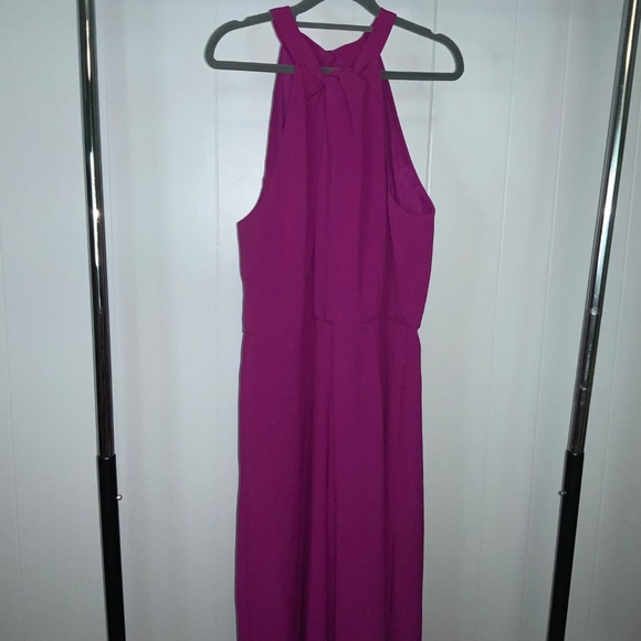 Julia Jordan fucshia twist neck crepe halter jumpsuit Sz 16 wide leg back zip - Picture 2 of 11